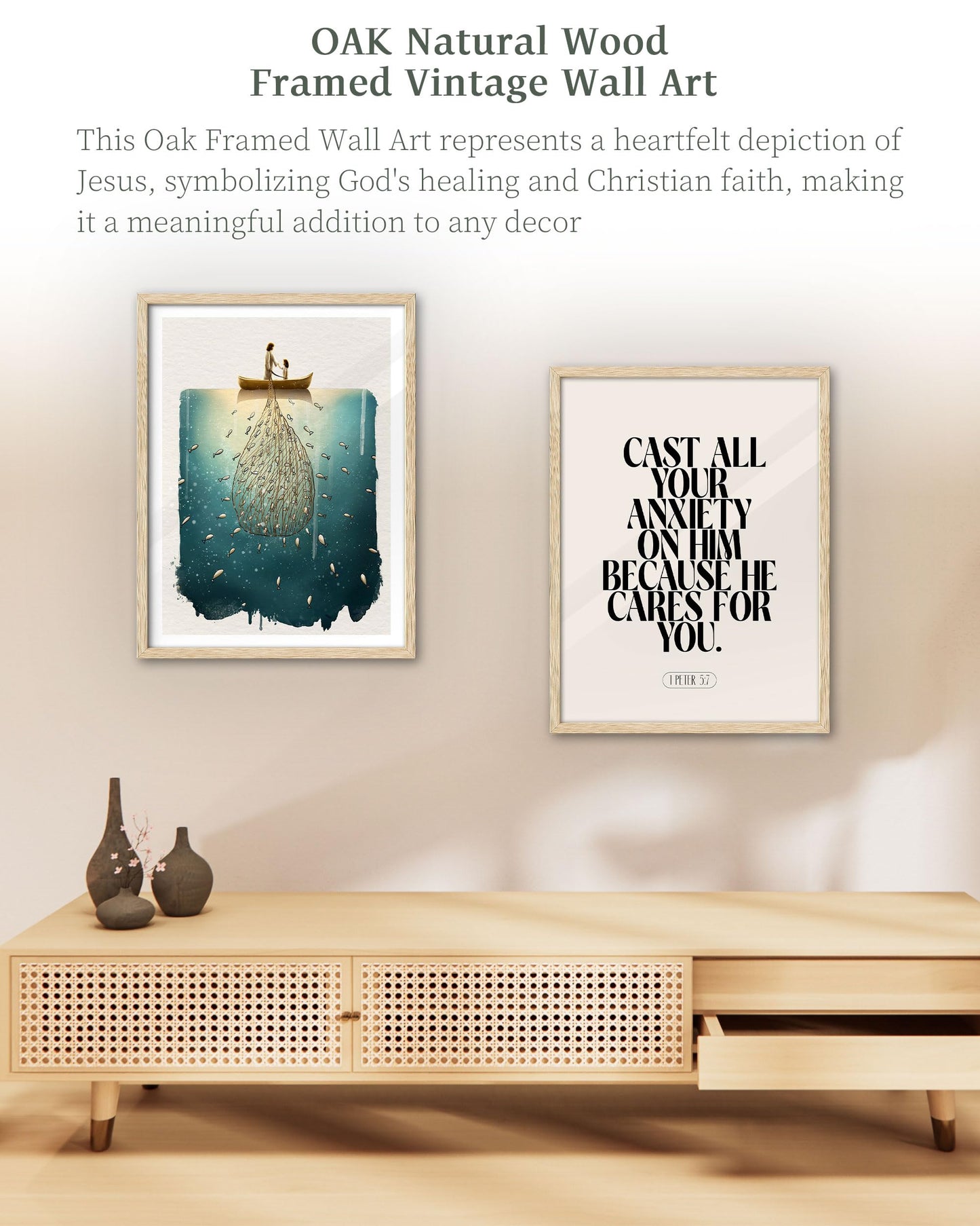 iHery Natural OAK Wood Jesus and Peter Walk on Water Framed Wall Art, 12x16 in Modern Sketch Bible Verses Canvas Art Decor, Beige Logs Boho Scripture 1Pack for Living Room Bedroom