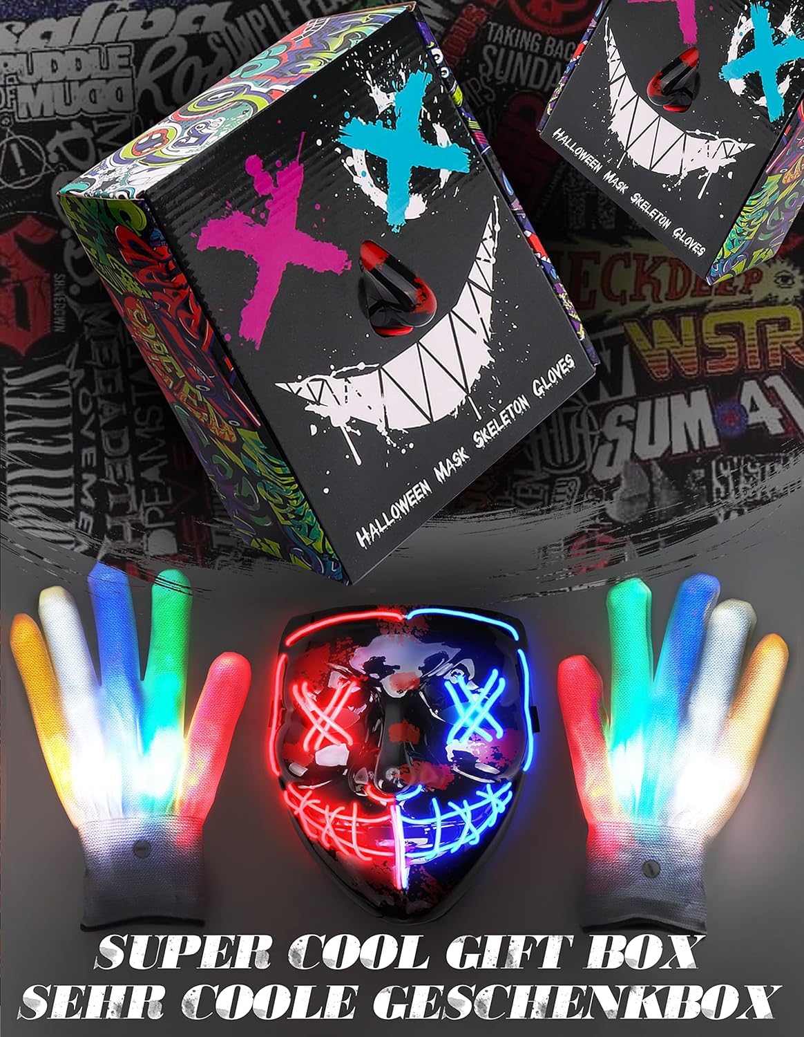 AnanBros Scary Halloween Mask Skeleton Gloves Costumes for Men, 3 Modes Purge Mask Light Up 6 Modes LED Glow Gloves, LED Anonymous Scream Halloween Mask, Halloween Costumes for Boys Kids Adult
