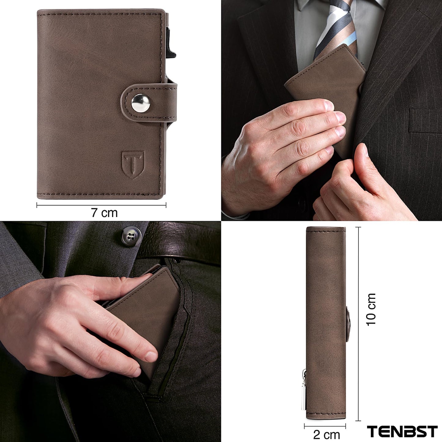 TENBST Slim Wallet with Coin Compartment, Men's RFID Protection, Faux Leather Wallet Men, Automatic Pop-Up Credit Card Case, Brown, Classic, brown, 10cm*7cm*2.1cm, Minimalist