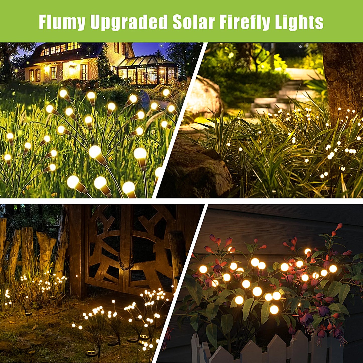 Flumy Solar Outdoor Lights, Waterproof Solar Garden Light, New Upgraded 4 Pack 32 LED Swaying Firefly Light for Outdoor Yard Patio Pathway Christmas Decoration(Warm White)