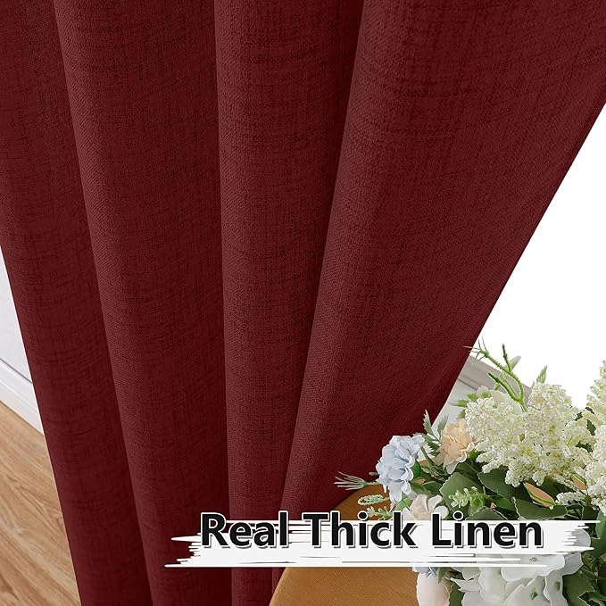 Tollpiz Linen Curtains Bedroom Rod Pocket Semi Sheer Curtain Burlap Light Filtering Thick Linen Drapes for Living Room, 54 x 84 inches Long, Burgundy Red, Set of 2 Panels