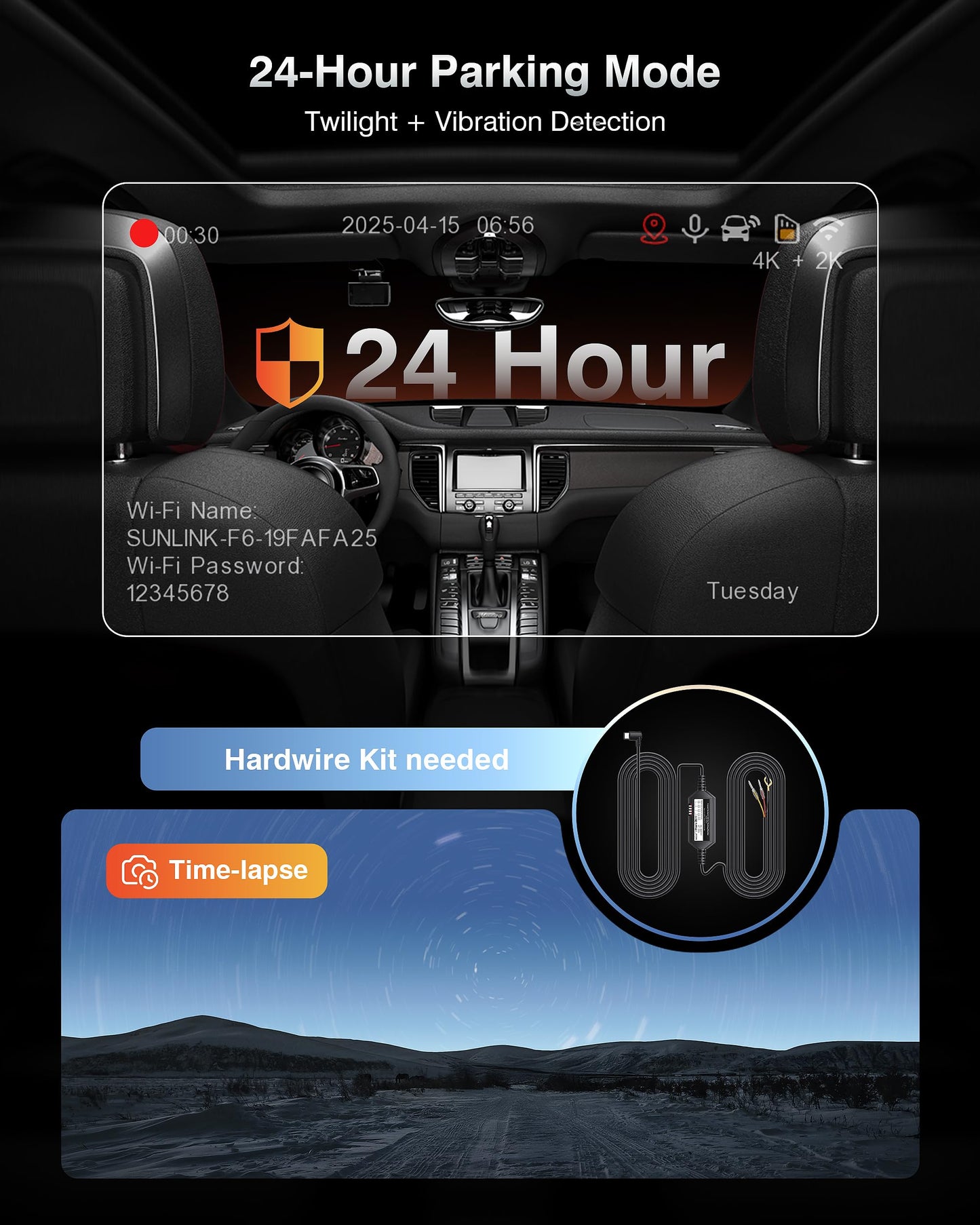 FAIMEE 4K Dash Cam Front and Rear with GPS, Upgraded 5.8G WiFi, Dual Dash Camera for Cars, Night Vision, WDR, 160°Wide Angle, 24H Parking Monitor, Emergency Lock, 3" IPS Screen (64GB Card Included)