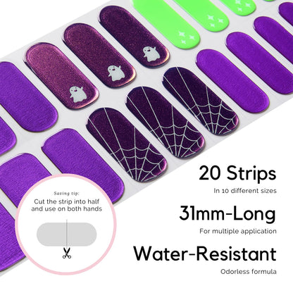 Halloween Semi Cured Gel Nail Strips - NAILOG 20 Pcs Nail Stickers Long Wraps with Glossy Gel Finishing for Autumn, Running Ghost