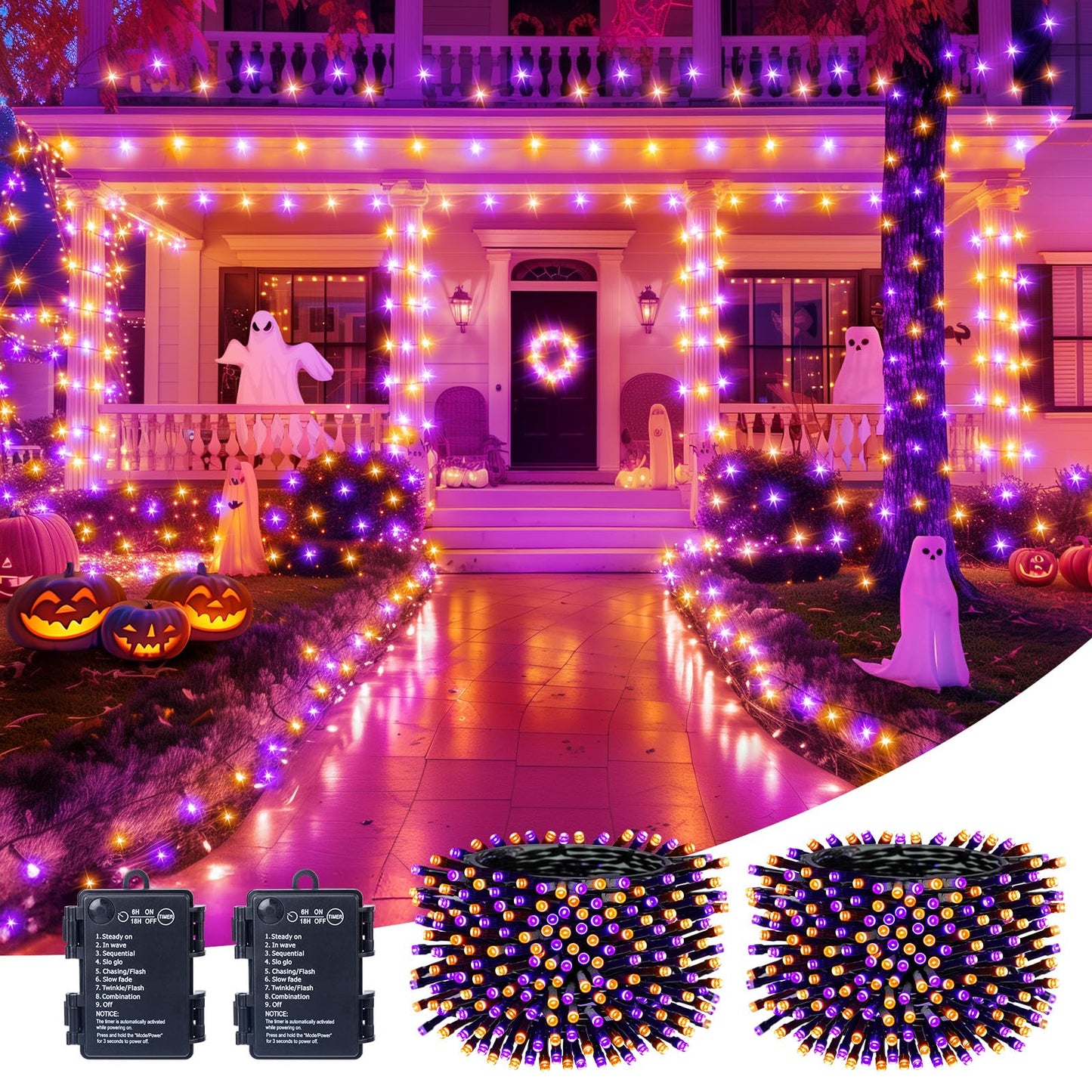 Brightown Halloween Lights Outdoor Battery Operated, 2 Pack Total 33FT 100 LED Battery Fairy Lights with Timer,8 Modes, Waterproof Halloween String Lights for Indoor Bedroom Decoration,Orange & Purple