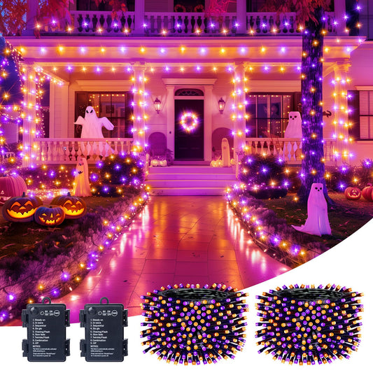 Brightown Halloween Lights Outdoor Battery Operated, 2 Pack Total 33FT 100 LED Battery Fairy Lights with Timer,8 Modes, Waterproof Halloween String Lights for Indoor Bedroom Decoration,Orange & Purple