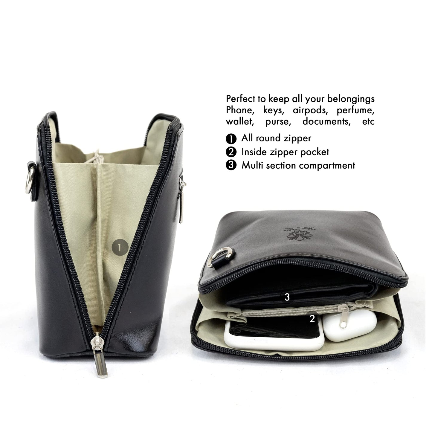 Small Vera Pelle Handbag Genuine Leather Cross Body Bag for Women Italian Mini Shoulder Bag Highquality Strap (Black)