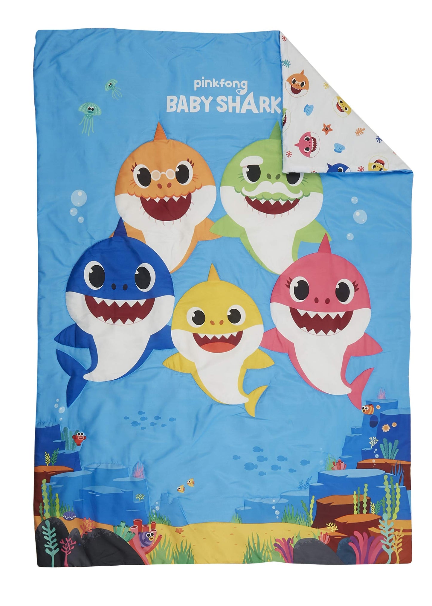 Baby Shark 4-Piece Toddler Bed Set including Super Soft Matching Sheets Set, Pillowcase, and Reversable Comforter For Boys and Girls - (Offical Product)