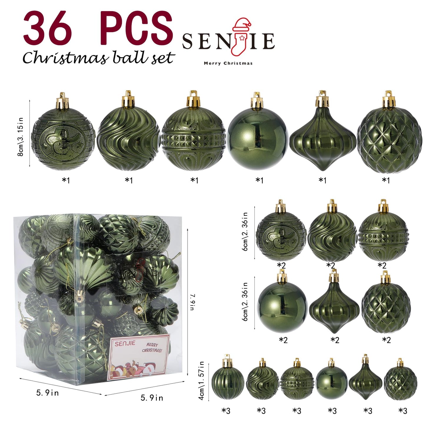 Christmas Ornaments Set with 36pcs Shatterproof Christmas Tree Decorations Multi-Size Christmas Ball Ornaments with 7 Styles Dark Green