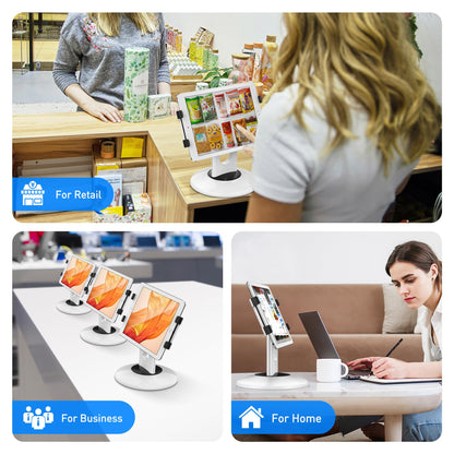 AboveTEK Retail Kiosk iPad Stand, 360° Rotating Commercial POS Tablet Stand, Fits 6"-13" (Screens) iPad mini Pro-Business Swivel Tablet Holder, for Store Office Reception Kitchen Desktop (White)