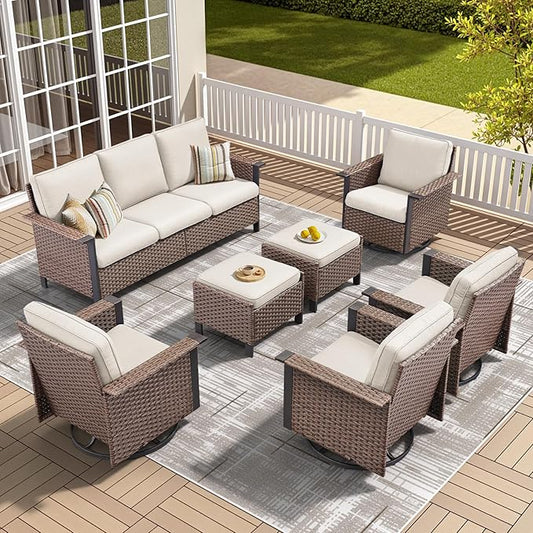 Outdoor Patio Furniture Set-7 Pieces All-Weather Wicker 3 Seater Sofa with Swivel Rocker Patio Chairs Set of 4, Wicker Sofa Outdoor Conversation Sets for Porch Deck Backyard Brown/Beige
