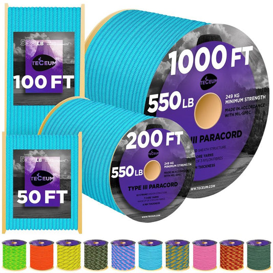 TECEUM Paracord Type III 550 Turquoise – 100 ft – 4mm – Tactical Rope MIL-SPEC – Outdoor para Cord –Camping Hiking Fishing Gear and Equipment – EDC Parachute Cord – Strong Survival Rope 150gd