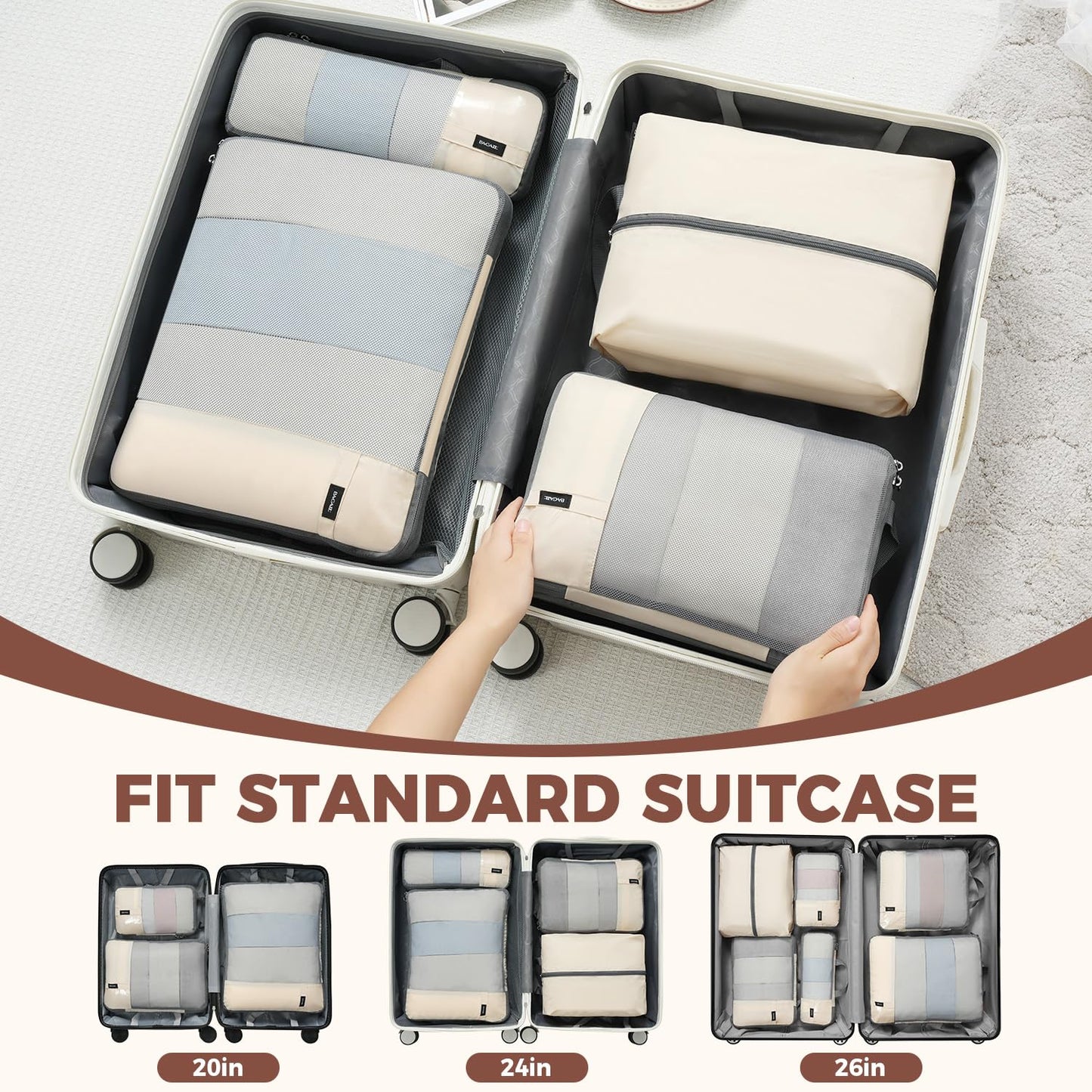 BAGAIL 6 Set Compression Packing Cubes for Travel, Compressible Packing Organizers Travel Accessories for Luggage Suitcase(6 Set, Beige)