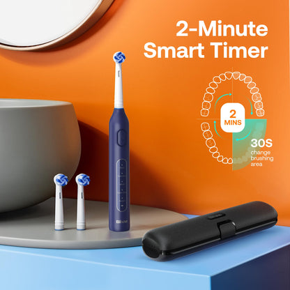 Bitvae Rotating Electric Toothbrush with 8 Brush Heads for Adults and Kids, Travel Case, 5 Modes Rechargeable Power Toothbrush with 2-Minute Smart Timer, 60-Day Battery Life, Dark Blue
