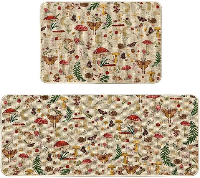 Artoid Mode Mushrooms Butterfly Spring Kitchen Mats Set of 2, Home Decor Low-Profile Kitchen Rugs for Floor - 24x35 and 24x59 Inch