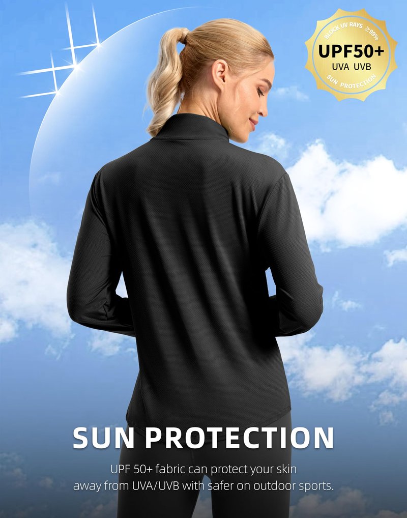Soothfeel Women's UPF 50+ Lightweight Athletic Jackets Sun Protection Zip Up Long Sleeve Shirts Hiking Workout Outdoor Pocket, Black, L