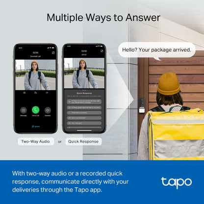 Tapo Smart Video Wireless Doorbell Camera - 2K, 160° Ultra-Wide View, Up to 180 Days Battery, Alexa, Google Assistant Compatible, Free AI Person Detection, IP54, SD/Cloud Storage, D205