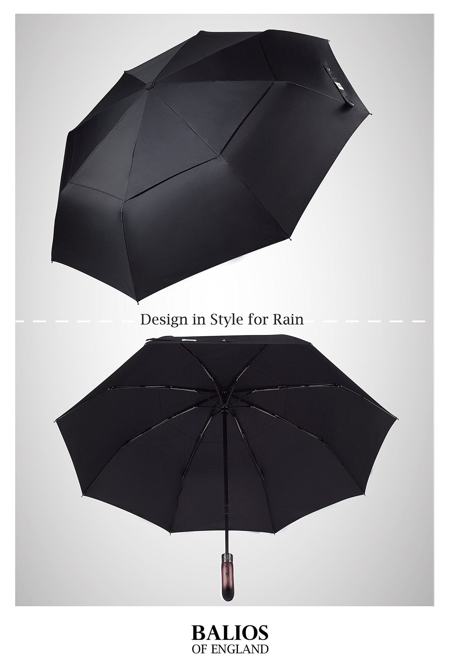Balios Folding Umbrella Wood Handle Auto Open Close Vented Canopy Black