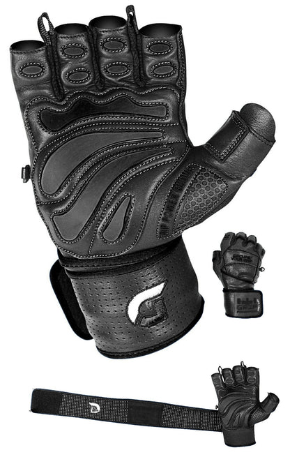 Elite Leather Gym Gloves with Built in 2" Wide Wrist Wraps Grip & Design for Weightlifting Power Lifting Bodybuilding & Strength Training Workout Exercises