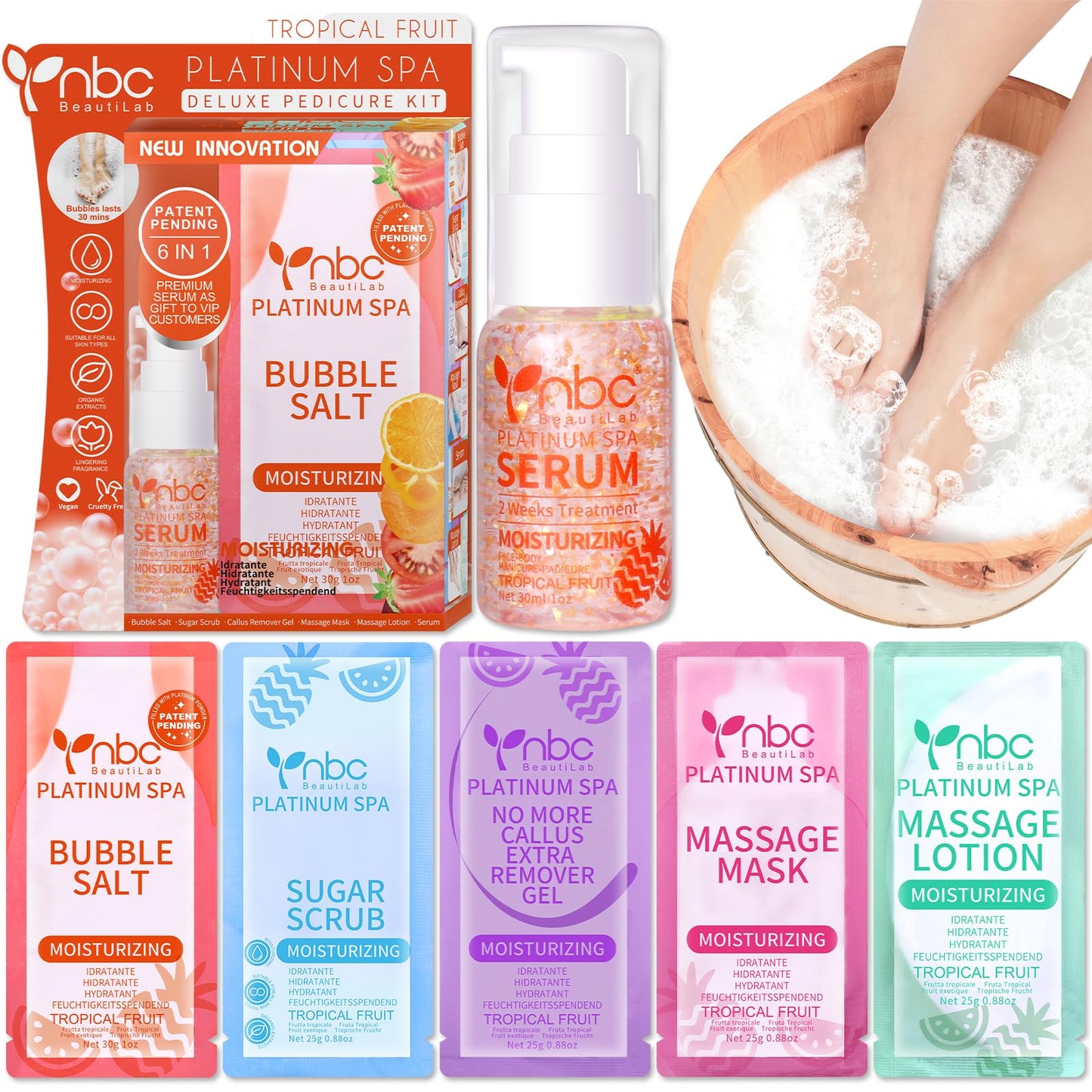 Pedicure Kit Foot Soak Set: Bubble Salt, Sugar Scrub, Massage Mask, Massage Lotion in a Box, 4 Step Foot Spa Kit for Dry Feet,Tired Feet（3 Set Tropical Fruit)