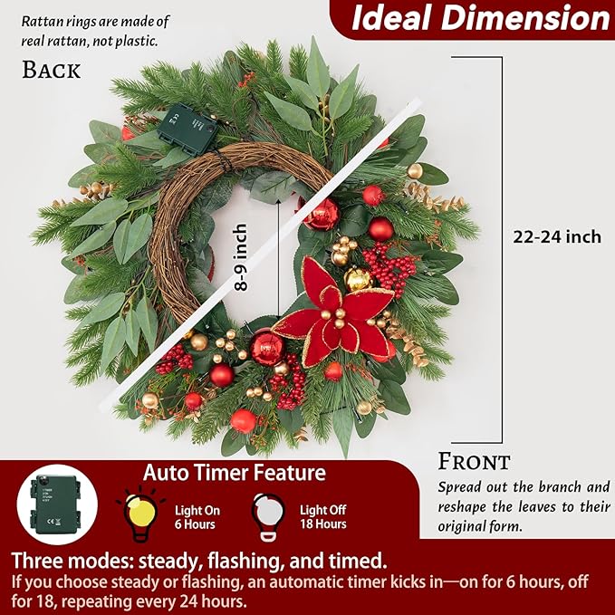 Christmas Wreaths for Front Door- 24 Inch Outdoor Prelit Christmas Door Wreath with Lights, Lighted Xmas Wreath with Poinsettia Flowers,Red Berries,Golden Ball- Home Christmas Decorations