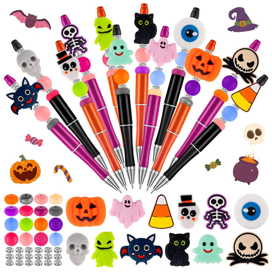 FFNIU Halloween Beadable Pens, Plastic Bead Pens with 12 Pcs Silicone Beads, Pumpkin Bat Skull Pens for Halloween Gifts School Office Supplies