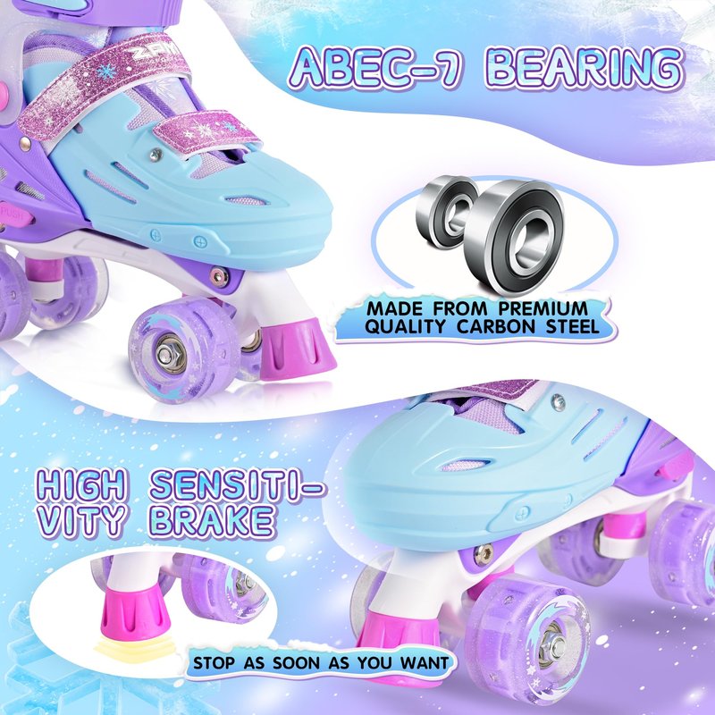 2PM SPORTS Kids Roller Skates Girls Ages 5-8 8-12 3-5 4-6 6-12 with Light Up Wheels, Outdoor Indoor Rollerskates for Girls Toddler Youth Beginner Size 10C 11C 12C 13C 1 2 3 4 5 6 Purple Snowflakes