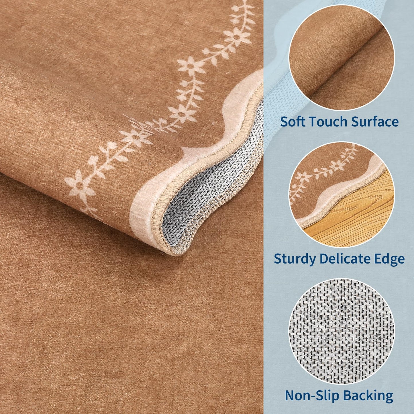 GarveeHome 5x7 Scalloped Area Rug Brown Washable Rugs for Living Room Bedroom, Soft Low Pile Non Slip Accent Floor Mat Solid Floral Print Throw Rug Farmhouse Indoor Carpet for Dorm Playroom