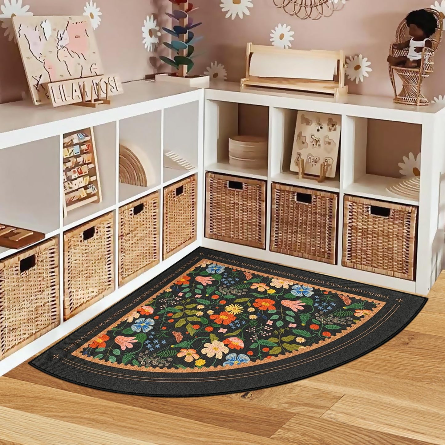 SHIYUE Triangle Corner Rug Kitchen Rugs Washable Non Slip Area Rug Water, Comfort Soft Rubber Standing Sink Mat Bathroom and Bedroom Laundry Mat(32in Flower Park)