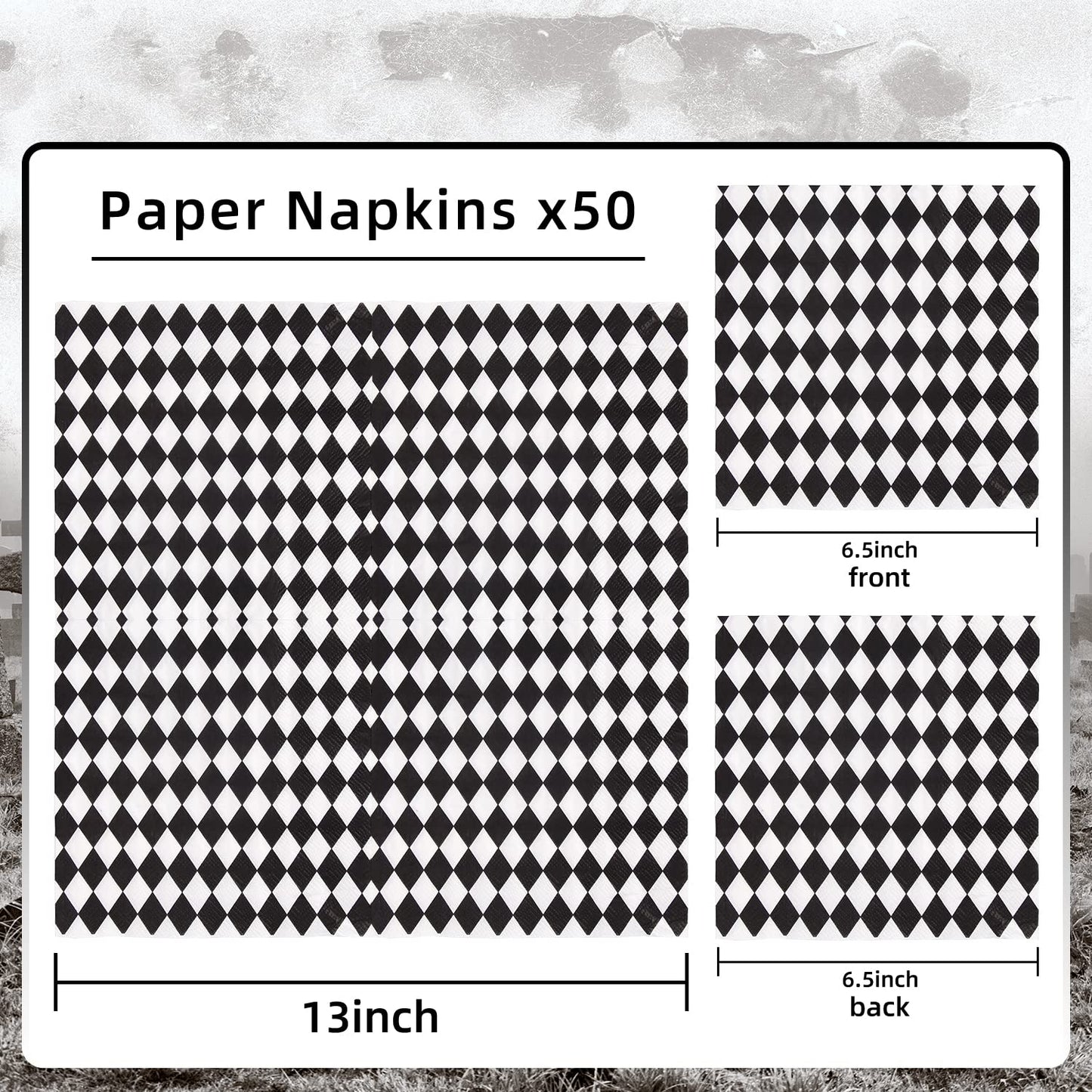 Quera 50 Pack Black White Plaid Paper Napkins Party Supplies Halloween Paper Napkins Clown Cocktail Napkins Perfect For Halloween Dinner Party Decoration 6.5'' X 6.5''