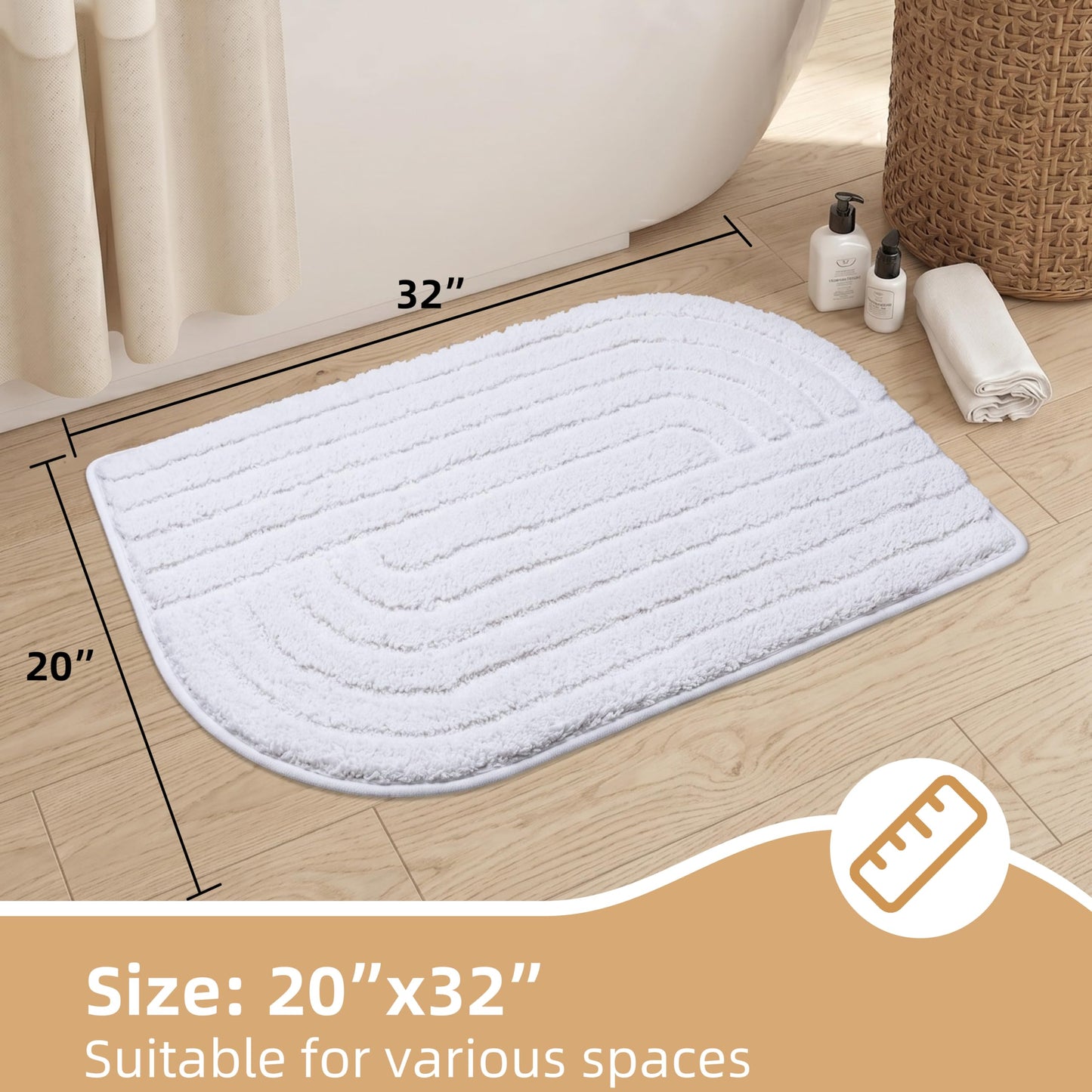 Cevolyn Microfiber Bath Mat, Ultra Soft Plush Non Slip Absorbent Bath Mat, Neutral Aesthetic Modern Half Oval Cute Bath Rugs for Bathroom Floor, Tub, Machine Washable, White, 20"x32"