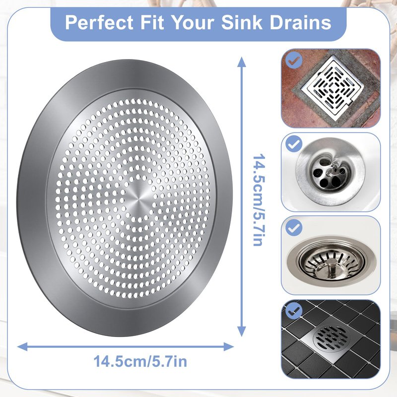 Shower Drain Hair Catcher, 5.7in Stainless Steel Bathtub Hair Catcher Drain Cover Bathroom Tub Sink Protector Flat Shower Drains Cover with Silicone Rim