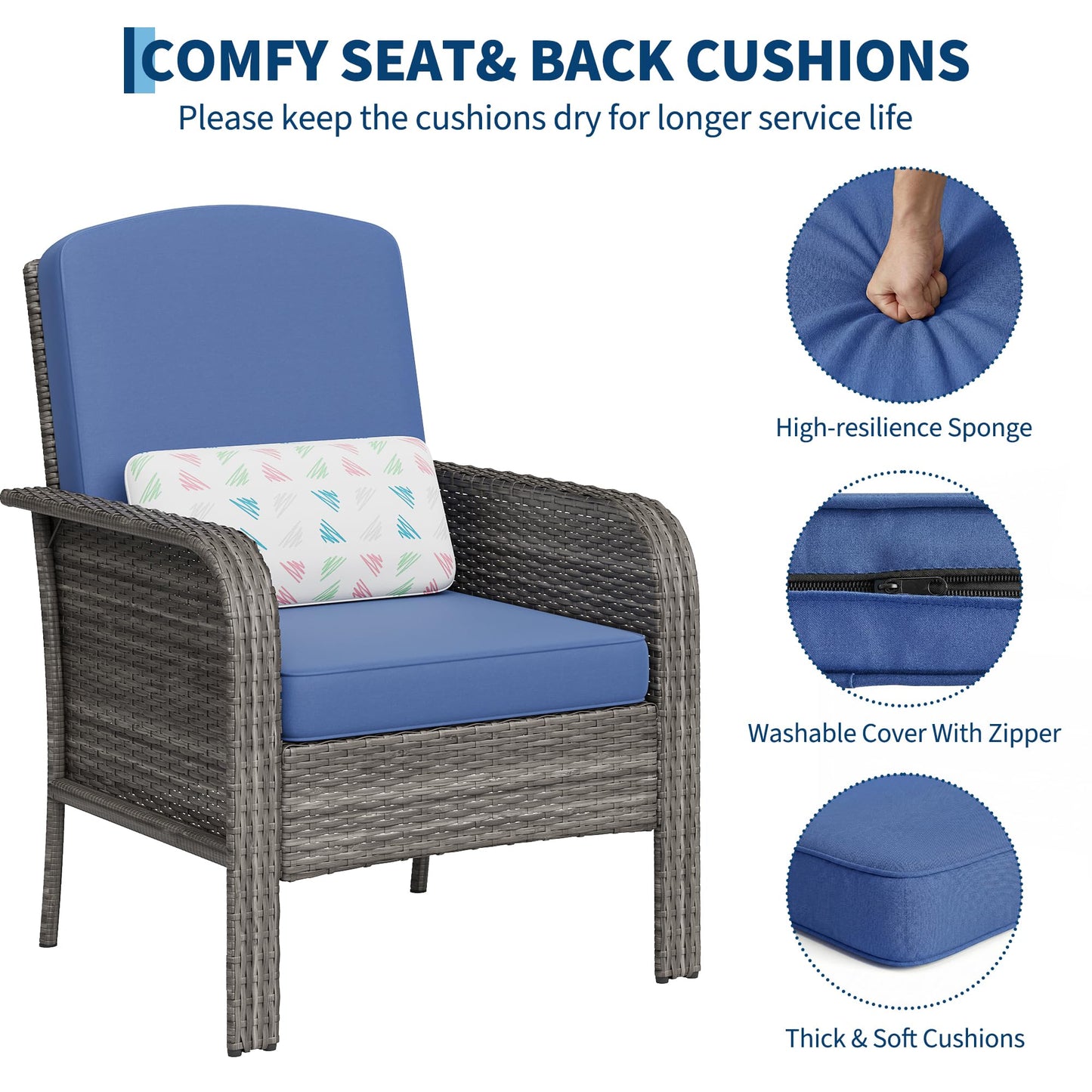 GarveeHome 2-Piece Outdoor Patio Furniture Set, All-Weather Rattan Chairs with Thick Cushions, High Back Wicker Lounge Chairs for Porch, Deck, Garden, Poolside & Backyard (Gray Rattan, Blue Cushion)