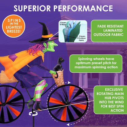 Bike Spinner Witch 20" – Spooky Halloween Design, Weather-Resistant Outdoor Decor, Durable & Lightweight for Patios, Yards, and Gardens - Eye-Catching Wind Spinner with Rotating Wheels