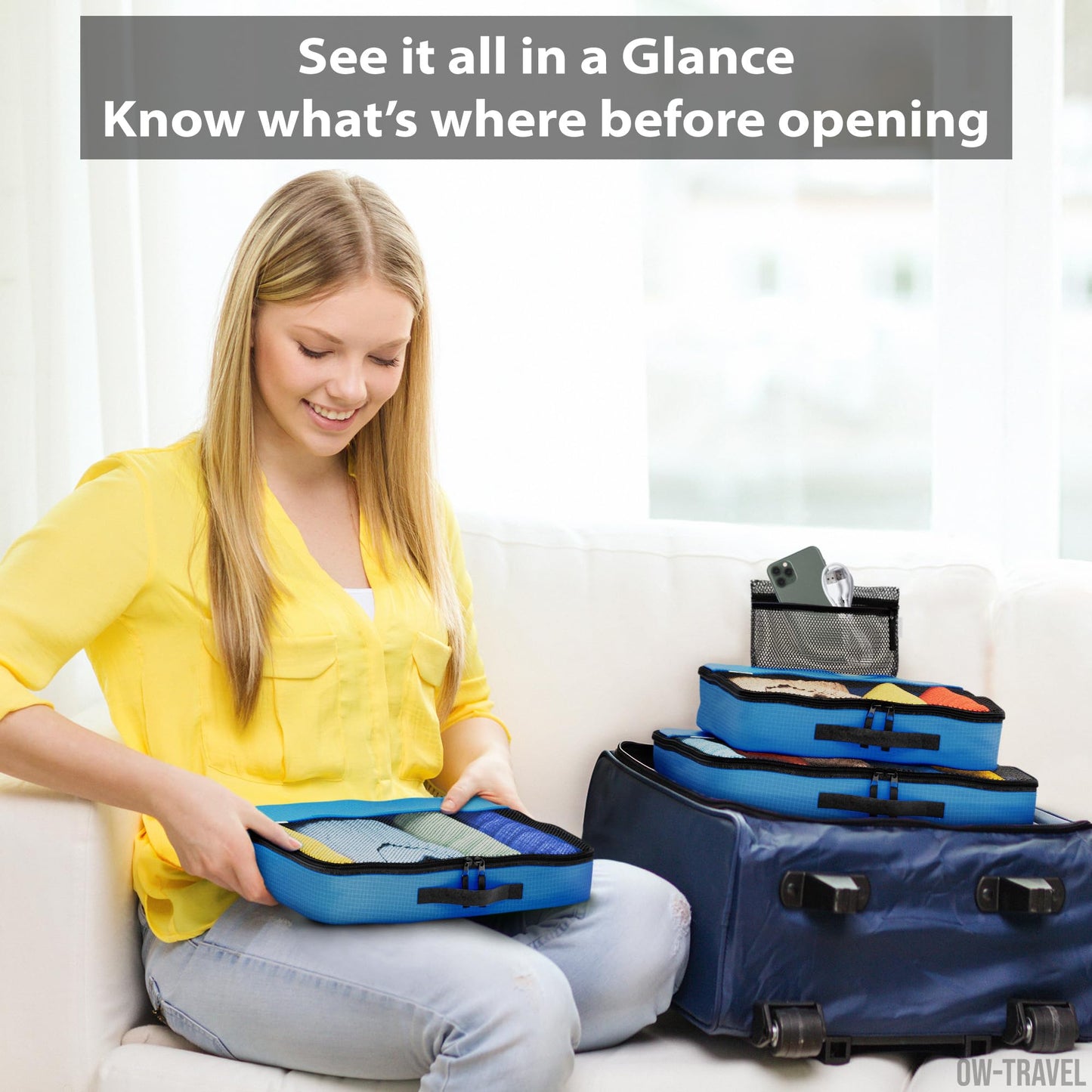 OW-Travel Packing Cubes for Suitcases (5Pcs Blue) 4 Large Suitcase Organiser Bags and Zipper Organiser for Travel Accessories. Luggage Organisers Packing Bags for Suitcases and Backpacks