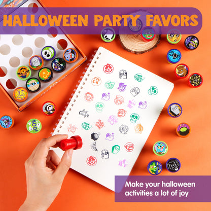 JOYIN 100 Pcs Halloween Stampers for Kids Gift, 25 Designs Assorted Plastic Stamps Bulk for Halloween Party Favors Goodie Bag Fillers, Teacher Student Stamps for Classroom Game Prizes