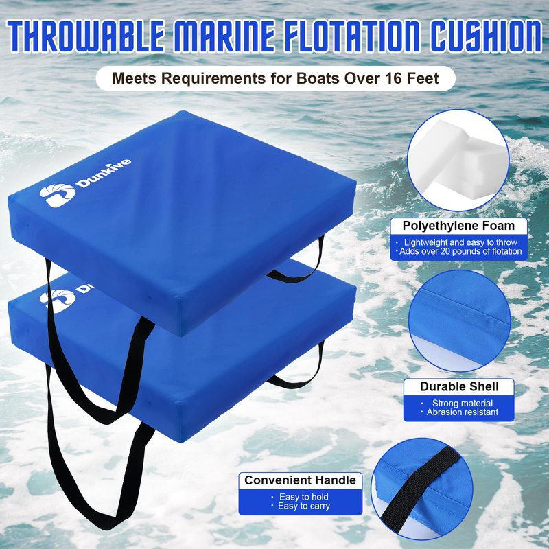 Dunkive 2 Pack Boat Throw Flotation Cushion, USCG Approved, Emergency Marine Throwable Flotation Device, Foam Boat Cushions Life Preserver, Throw Cushions for Boats, Kayaks, Canoes (Blue)