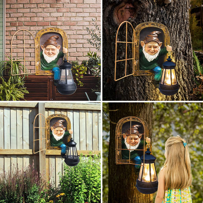REYISO Whimsical Fairy Garden Gnomes with Solar Lights-10 Elf Out The Door Tree Hugger Garden Statues-Outdoor&Yard Decor-Tree Face Sculpture,Ideal Halloween Gifts - Yard Art for Patio,Fence,Wall
