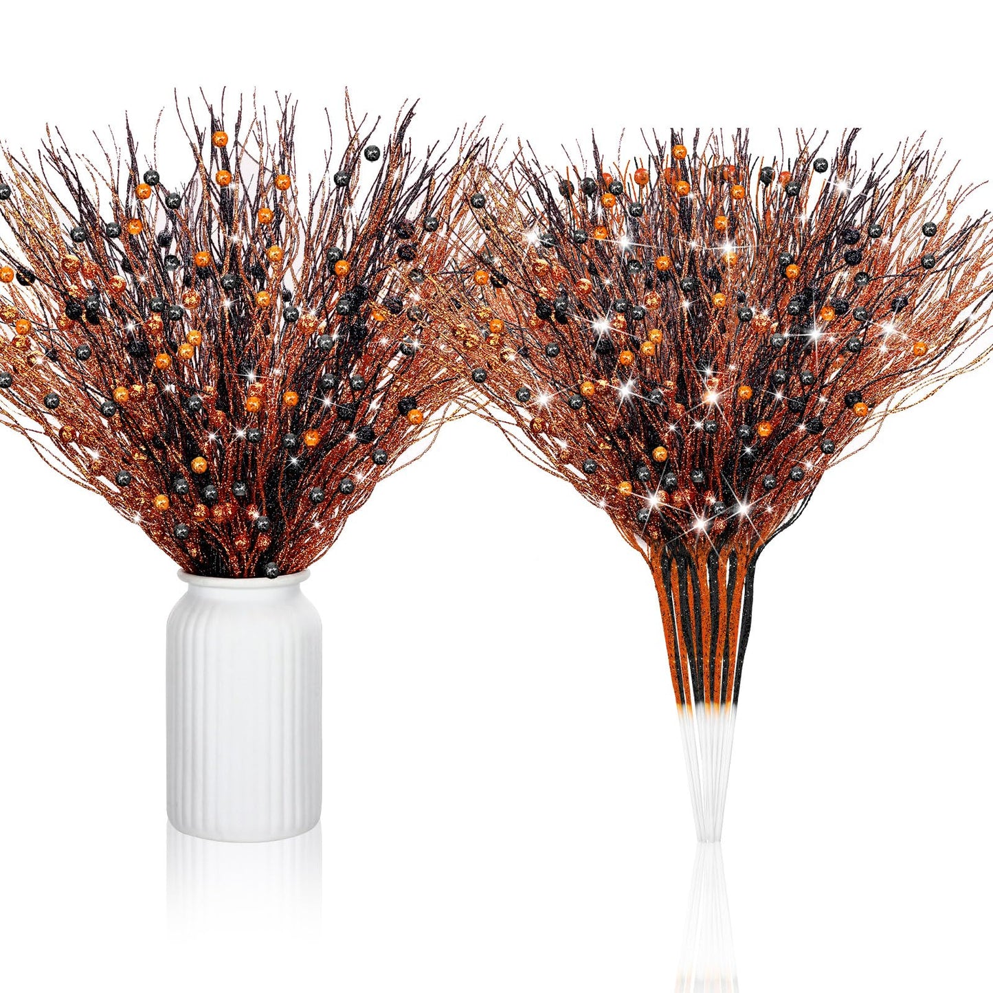 Giegxin 16 Pack Halloween Artificial Glitter Berry Stem, 17 Inches Fall and Thanksgiving Floral Picks Branches for Vase Centerpieces Labor Day Decor Holiday Ornaments(Black, Orange)