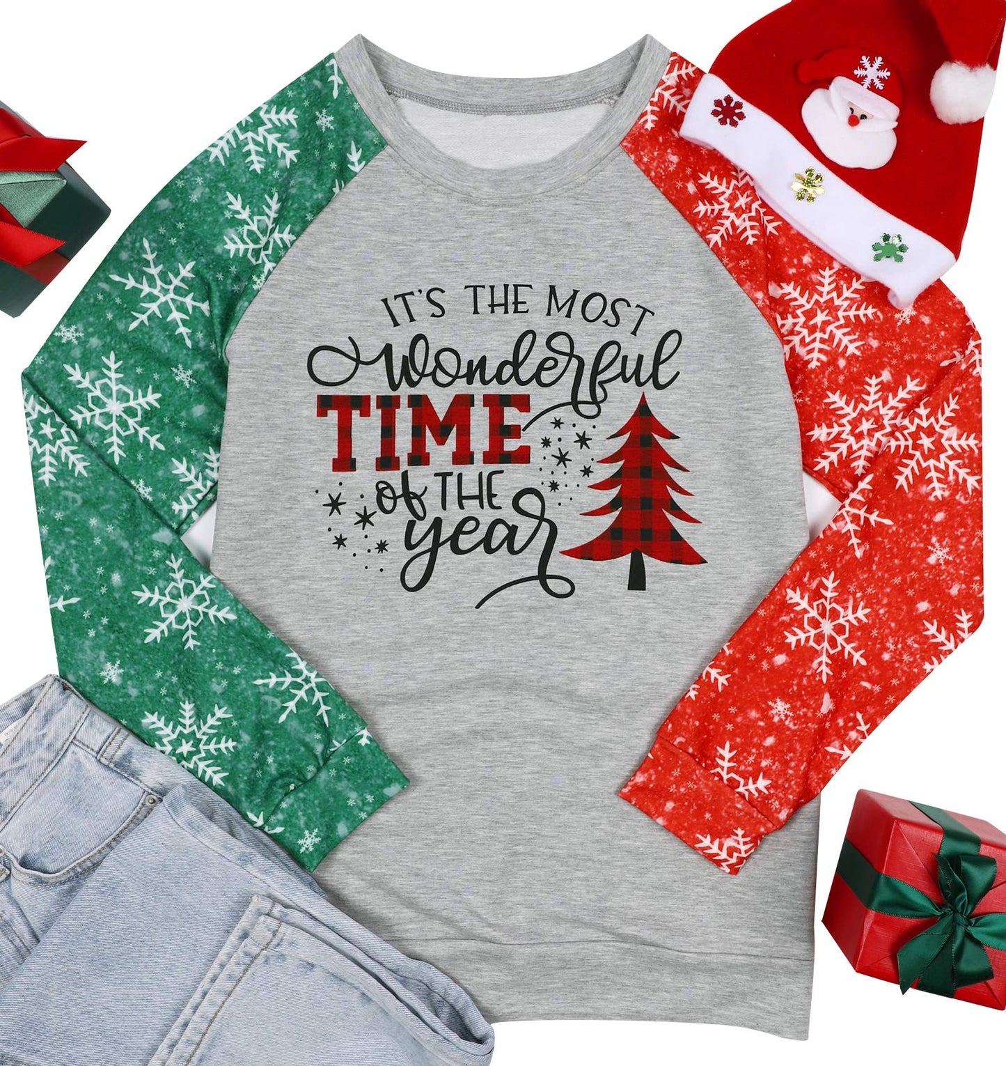 TAOHONG Merry Christmas Sweartshirt for Women Xmas Buffalo Plaid Tree Color Block Christmas Snowflake Print Long Sleeve Top T-Shirt Gray