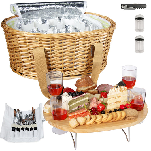 Hap Tim Wicker Picnic Basket Set for 4 with Mini Folding Wine Picnic Table & Large Insulated Cooler Bag & Cutlery Service Kits for 4 Person, Couples Gifts, Wedding Gifts (Y2209-4-GR)