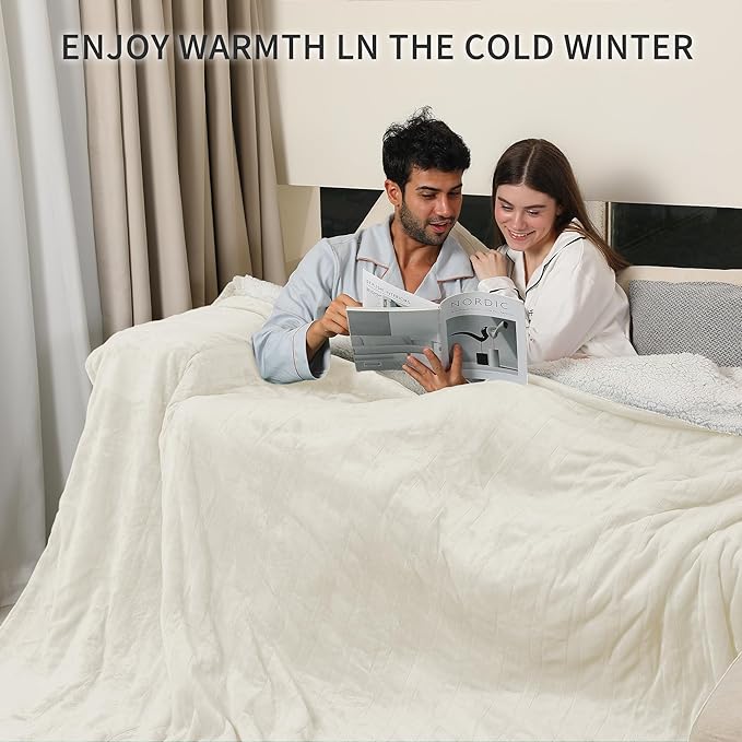 Electric Heating Blanket Queen Size, Cozy Flannel Sherpa Heated Electric Blanket with 5 Heating Levels & 10 Hours Auto Off, Fast Heating, Machine Washable Heated Blanket, 84" x 90", White