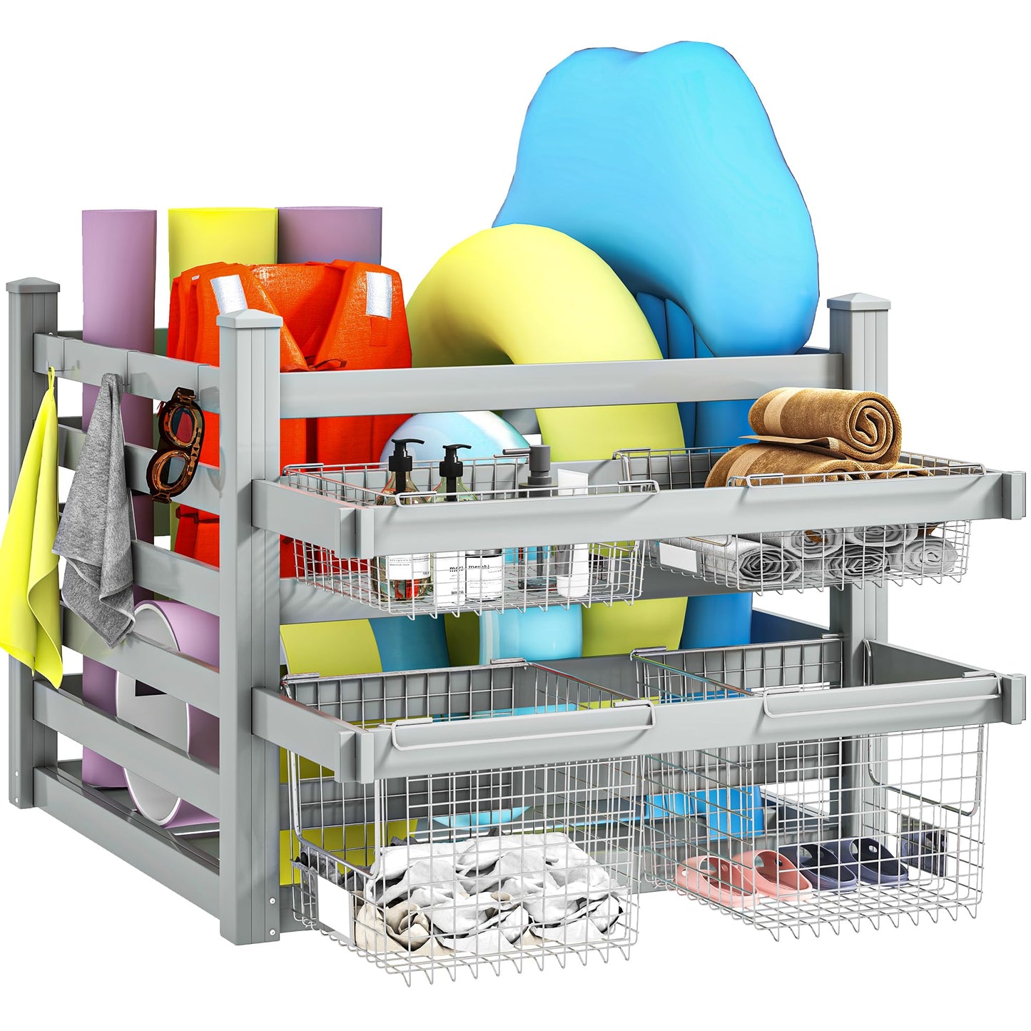 DWVO Pool Storage Organizer with 6 Adjustable Hooks, Large Pool Float Holder & Noodle Storage Rack, Outdoor Waterproof Pool Equipment Organizer for Floats, Goggles, and Beach Balls, Light Gray