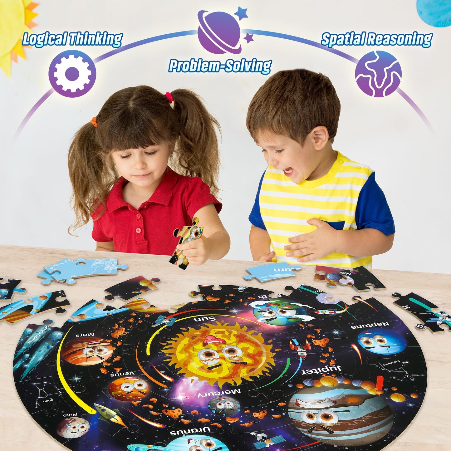 SYNARRY Giant Solar System Floor Jigsaw Puzzle for Kids 3 4 5 6 7 8 Year Olds, 70 Piece Big Round Space Planets Astronaut Jigsaw, Space Toys Gifts for Toddlers Children Boys Girls