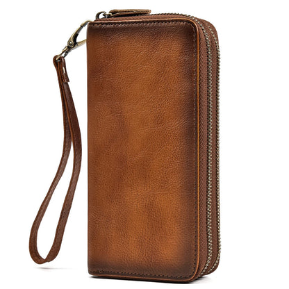 LUUFAN Men's Genuine Leather Clutch Bag Double Zipper Purse 4 Interlayer Zip-Around Wallet (Brown 4)