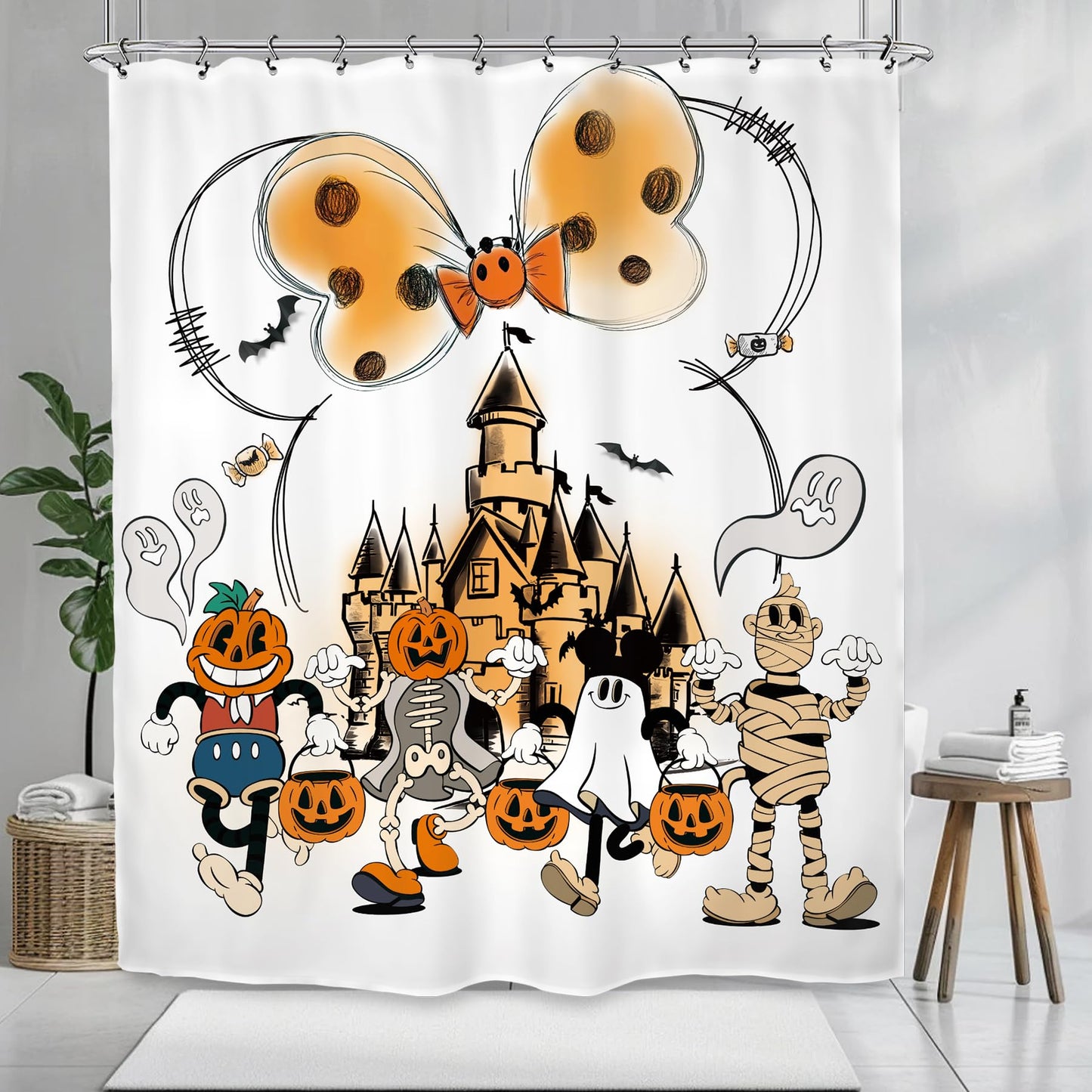 Kalmico Halloween Ghost Pumpkin Mummy Shower Curtain 60Wx72L Inch Trick or Treat Scary Spooky Pumpkin Horror Mouse Head Bathroom Set Accessories Decor with 12 Pack Hooks