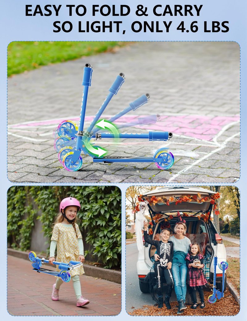 Scooter for Kids Ages 3+, Kids Kick Scooter with Led Light Up, Girly Pink Scooter with 3 Levels Adjustable, Lightweight Foldable Scooter for Boys&Girls Christmas Birthday Gift