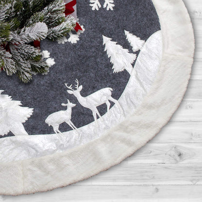 Christmas Tree Skirt, Fur Rustic White Xmas Tree Skirt,Snowy Christmas Trees Mat Decorations Indoors,Deer and Snowflake Pattern (36 inches, Two Deers)