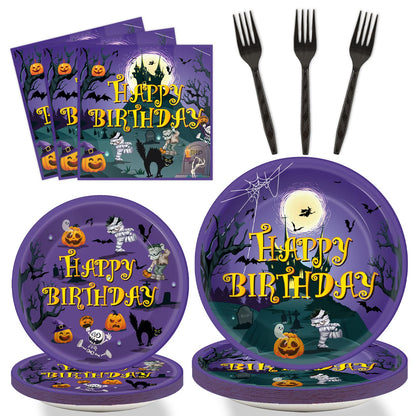 Tevxj 96PCS Happy Birthday Halloween Tableware Set Halloween Dinnerware Disposable Dessert Plates Birthday Party Plates Napkins Forks for Halloween Party Decorations Supplies 24 guests