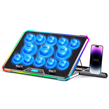 Gaming Laptop Cooler with 13 Ultra Quiet Fans, LCD Screen and Multi Color RGB - 10 Lighting Modes, 9 Adjustable Heights, Dual USB Ports, Built in Phone Holder for 15 to 21 Inch Laptops on Desk or Lap