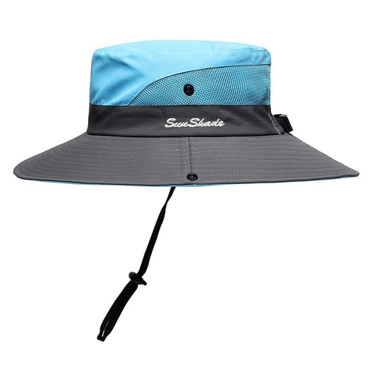 Womens Summer Sun Hat Beach Hat Wide Brim Outdoor UV Protection Hat Foldable Cool Mesh Ponytail Bucket Hat (Sky Blue-Gray)